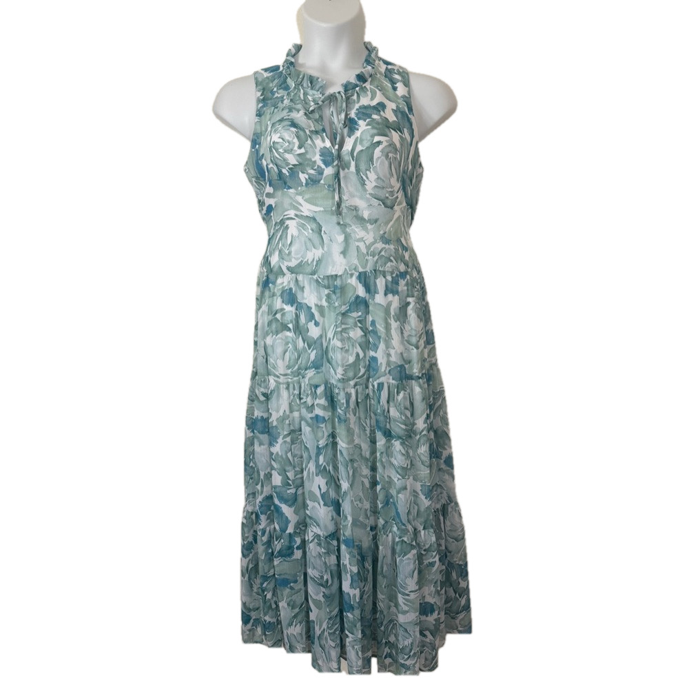 Calvin Klein Green and White Floral Chiffon Maxi Dress SKU0691